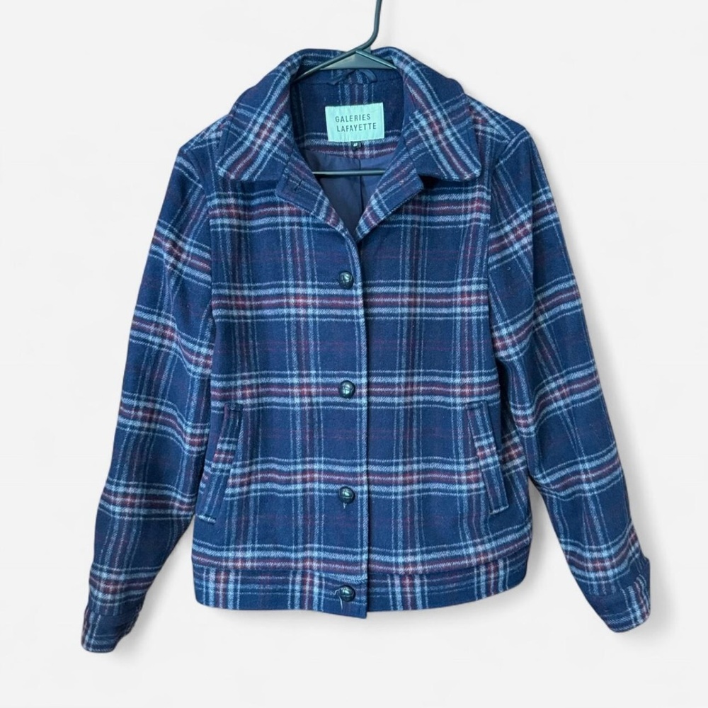French Navy Blue Plaid Wool Coat